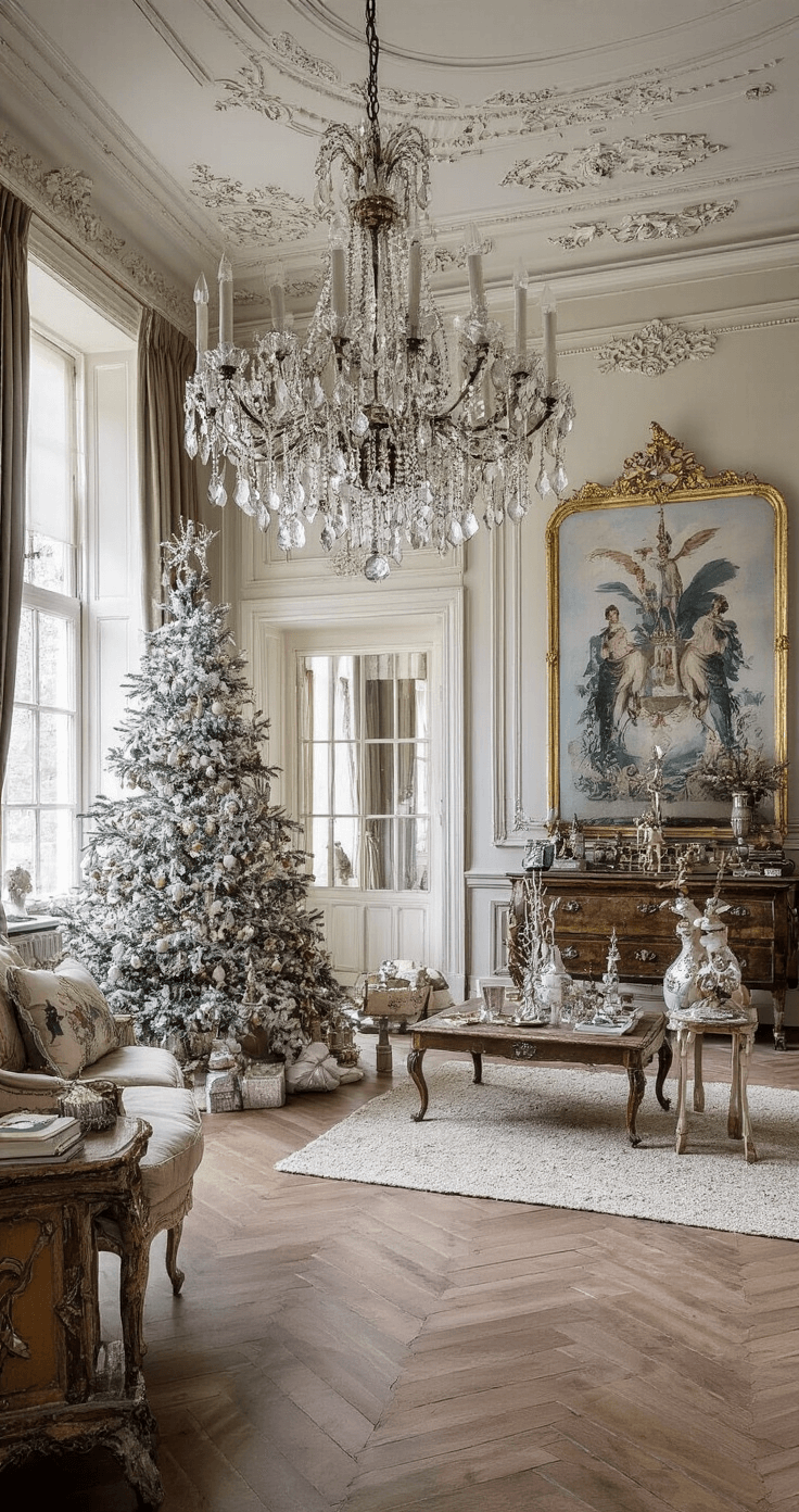 Kerst Tekenideeën: Creatieve Inspiratie voor Feestelijke Kunst Een elegante Nederlandse salon met afgewerkte kersttekeningen in luxe lijsten, verlicht door kristallen kroonluchters. Antieke meubels en zijde wandbekleding in juwelentinten creëren een verfijnde, galerij-achtige sfeer.