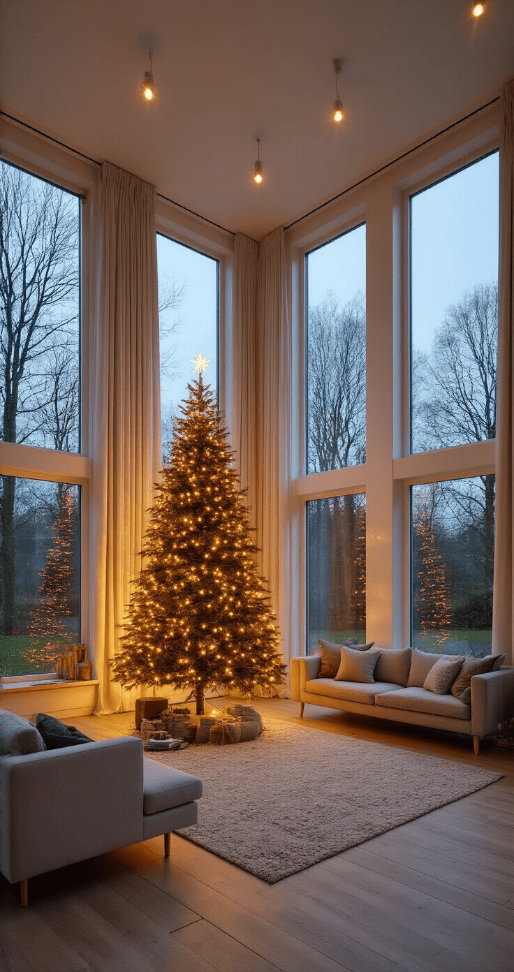 Maak je Kerstboom Onvergetelijk: Ultieme Decoratiegids voor een Sfeervolle Kerst Een ruime woonkamer met een 2.5m hoge Nordmann spar versierd met warmwitte LED-verlichting, omringd door Scandinavische meubels in licht hout, met decoratie in wit, zilver en natuurlijke tinten, gefilterd licht van de ondergang door de ramen.
