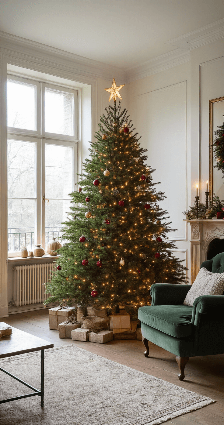 Maak je Kerstboom Onvergetelijk: Ultieme Decoratiegids voor een Sfeervolle Kerst Intieme woonkamer met kerstboom in authentieke standaard, warm verlicht met lampjes. Rode fluwelen ballen en gouden accenten. Vintage fauteuil in donkergroen velours naast de boom. Handgemaakte stropoppen en kristallen ornamenten vangen het zachte licht.