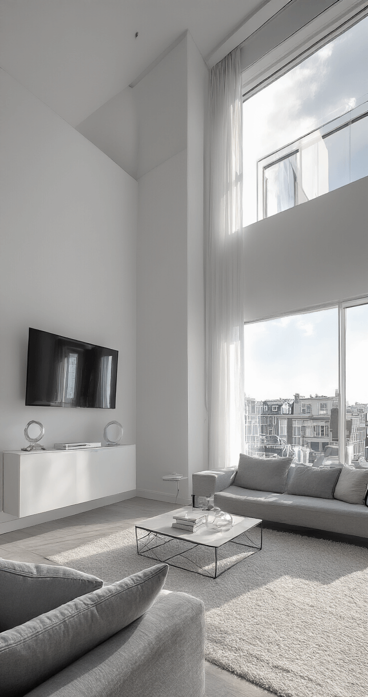 Maak je Kerstboom Onvergetelijk: Ultieme Decoratiegids voor een Sfeervolle Kerst Een modern penthouse woongedeelte met een minimalistische kunstboom, witte muren en een monochroom decoratieschema. Design meubels in grijs en zwart met LED-strip verlichting die dramatische schaduwen werpt, gefotografeerd vanuit een hoog perspectief.