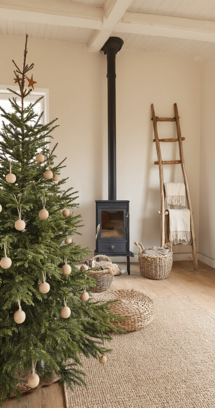 Maak je Kerstboom Onvergetelijk: Ultieme Decoratiegids voor een Sfeervolle Kerst Een knusse woonkamer van 5x4 meter in de middag met een groene spar naast een bakstenen open haard, natuurlijke decoraties zoals dennenappels en houten sterren, en een vintage ladder met dekens. Warme beige en bruine tinten creëren een gezellige sfeer.
