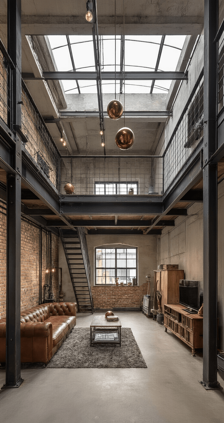 Maak je Kerstboom Onvergetelijk: Ultieme Decoratiegids voor een Sfeervolle Kerst Industriële loft-woonruimte met een zwarte metalen kerstboomconstructie, betonnen muren, leren bank en metalen accessoires, verlicht door kunstlicht.