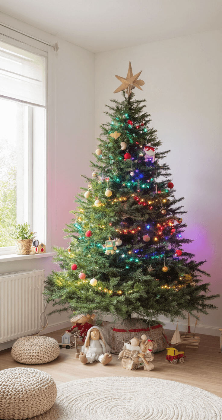 Maak je Kerstboom Onvergetelijk: Ultieme Decoratiegids voor een Sfeervolle Kerst Kindvriendelijke familiekamer met een grote dennenboom versierd met kleurrijke LED-verlichting, handgemaakte papieren decoraties en vilten figuurtjes, houten treintjes. Zachte vloerkleden en kussens in pastelkleuren en traditioneel rood en groen, gefotografeerd vanuit kinderperspectief in ochtendlicht.