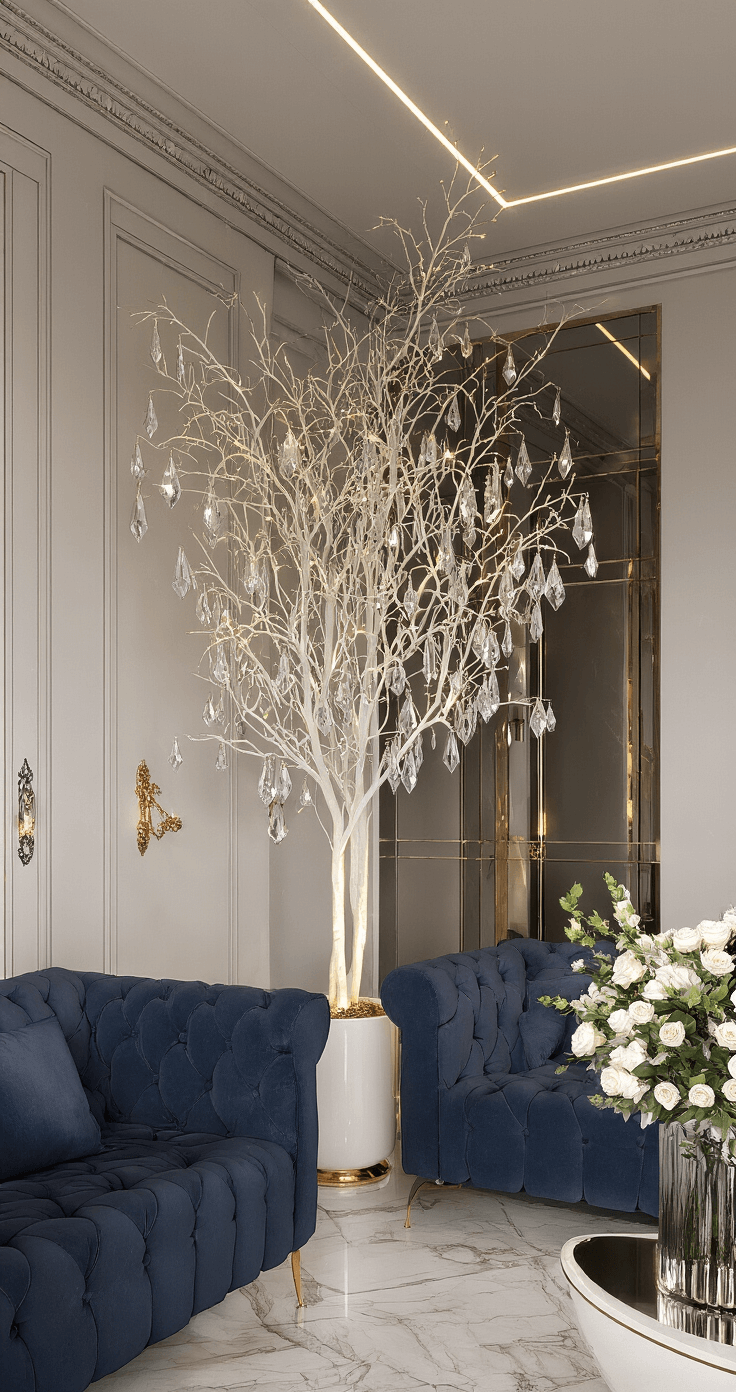 Maak je Kerstboom Onvergetelijk: Ultieme Decoratiegids voor een Sfeervolle Kerst Luxe woonkamer van 5x7m met avondverlichting, slanke witte kunstboom met LED-verlichting, kristallen ornamenten, marmeren vloer en fluwelen meubels in diep blauw met gouden accenten.