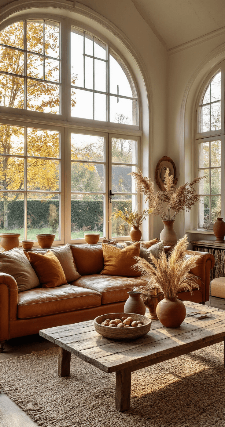 Herfstdecoratie: Transformeer Je Huis in een Gezellig Najaarsnest Een ruime woonkamer met hoge ramen tijdens het gouden uur, met warme zonnestralen die op een cognackleurige leren bank vallen, een vintage houten salontafel vol gedroogde kastanjes en eikels, en roestbruine en mosterdgele kussens, terwijl gedroogde grassen in terracotta vazen staan, vastgelegd met een lage camerahoogte voor een intieme sfeer en zachte natuurlijke belichting.