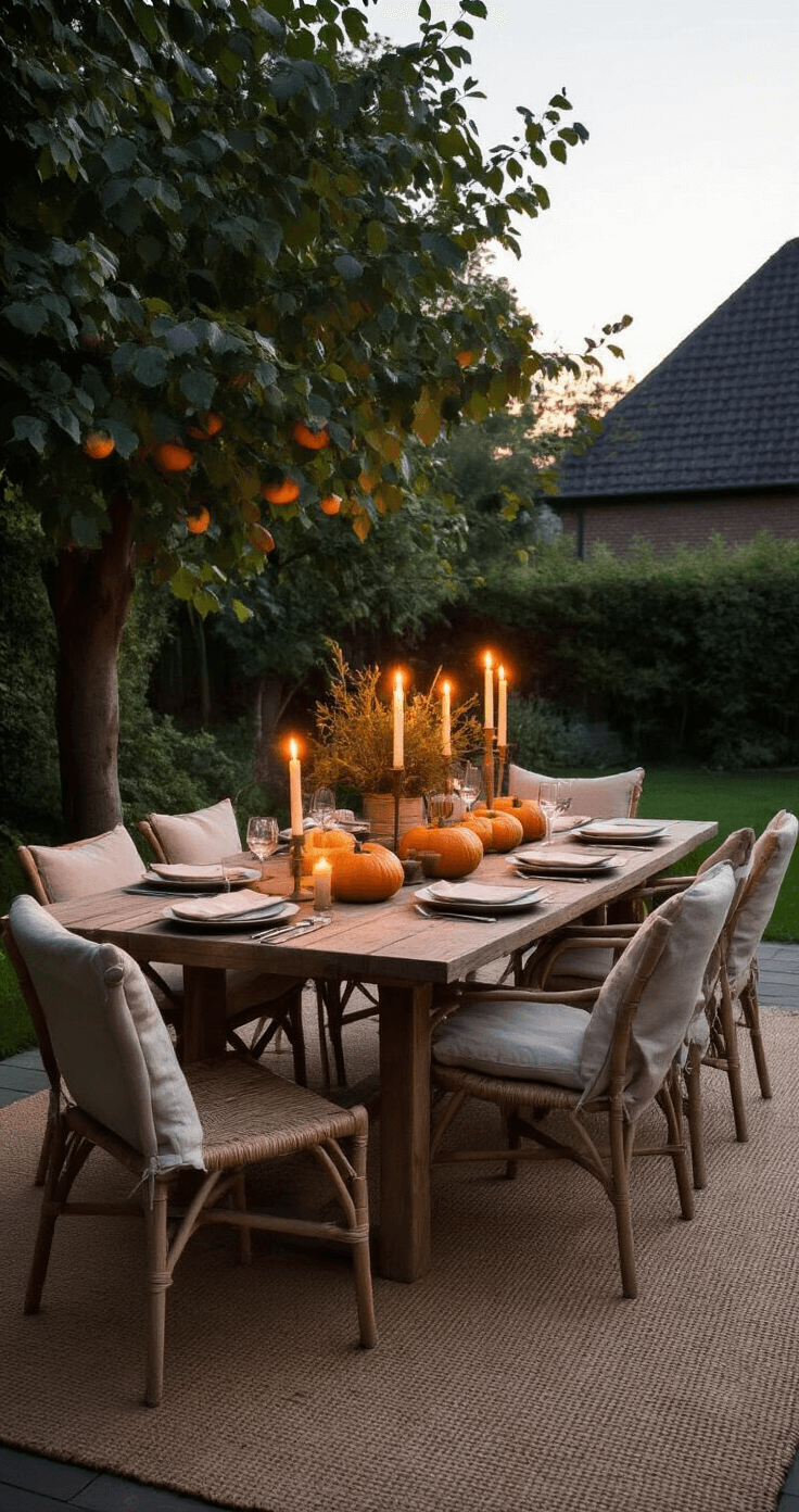Herfstdecoratie: Transformeer Je Huis in een Gezellig Najaarsnest Knusse eetkamer bij schemering met grote landelijke eettafel, handgeblazen glazen windlichten met flakkerende kaarsen, eucalyptustakken en pompoenen als centerpiece, stoelen met natuurlijk linnen en jute loper over de tafel.