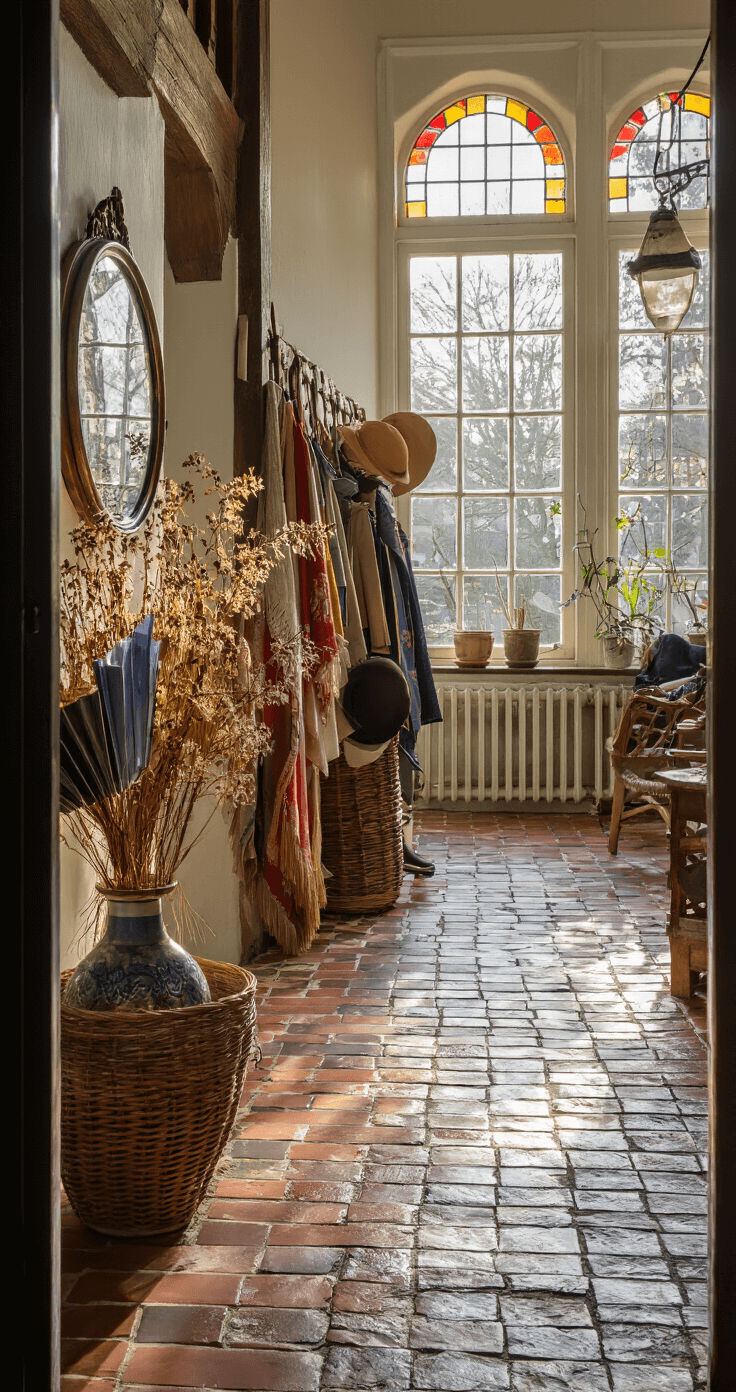 Herfstdecoratie: Transformeer Je Huis in een Gezellig Najaarsnest Hal met authentieke tegelvloer, antieke kapstok met sjaals en jassen, rieten mand met paraplu's, koperen spiegel, gedroogde hortensia's in vaas, gefotografeerd met fisheye perspectief onder zacht ochtendlicht.