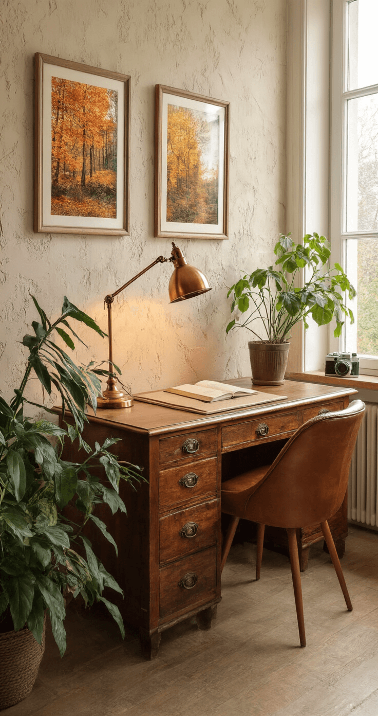 Herfstdecoratie: Transformeer Je Huis in een Gezellig Najaarsnest Sfeervolle werkhoek met vintage bureau en koperkleurige lamp, leren bureaustoel, hangplanten en ingelijste herfsttaferelen op een crèmekleurige muur, verlicht door warm daglicht en kunstverlichting.