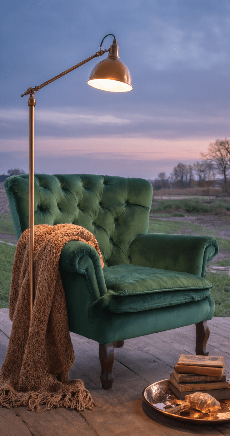Herfstdecoratie: Transformeer Je Huis in een Gezellig Najaarsnest Intieme leeshoek met fluwelen mosgroene fauteuil, staande messing lamp, aardetinten plaid en vintage boeken op houten kruk. Geurige kaneel en sinaasappel op koperen schaal, sfeervol indirect licht verlicht de ruimte.