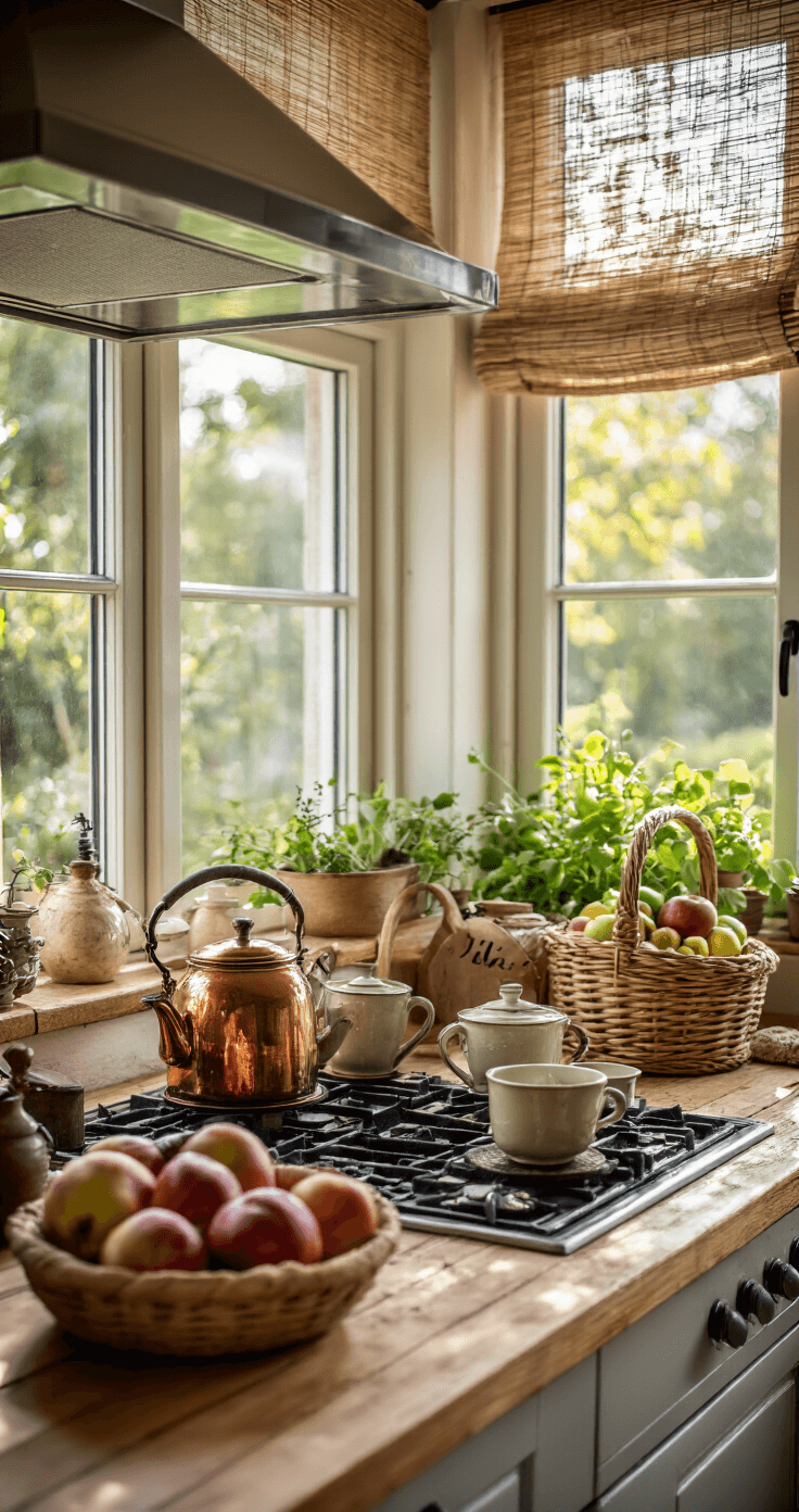 Herfstdecoratie: Transformeer Je Huis in een Gezellig Najaarsnest Rustieke open keuken met handgevormde keramische mokken op een houten werkblad, een koperen theepot met verse thee, ingemaakte groenten op honingkleurige planken en rieten manden met appels en peren. Natuurlijk licht valt door een dakraam.