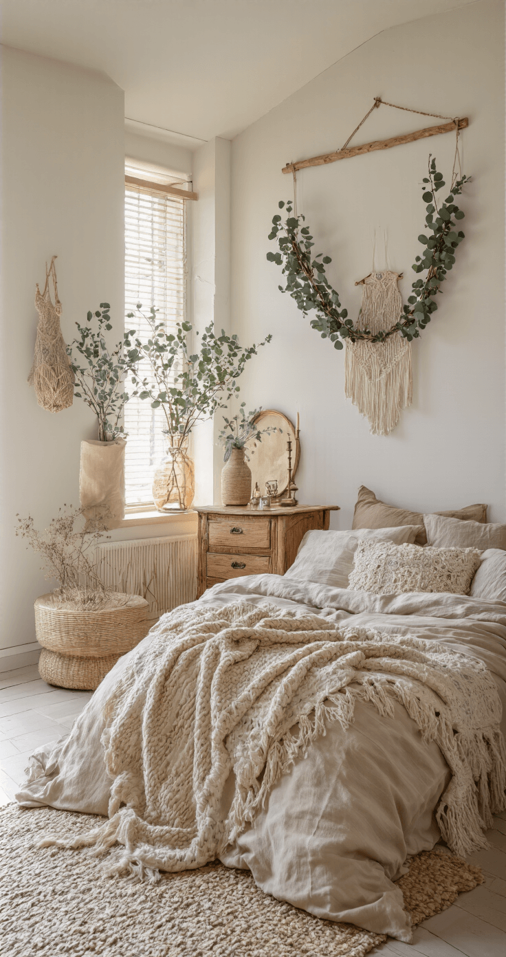 Herfstdecoratie: Transformeer Je Huis in een Gezellig Najaarsnest Slaapkamer bij zonsopgang met zandtinten beddengoed, rotan hoofdbord, vintage dressoir en macramé wandhanger, allemaal verlicht door zacht, gouden ochtendlicht.