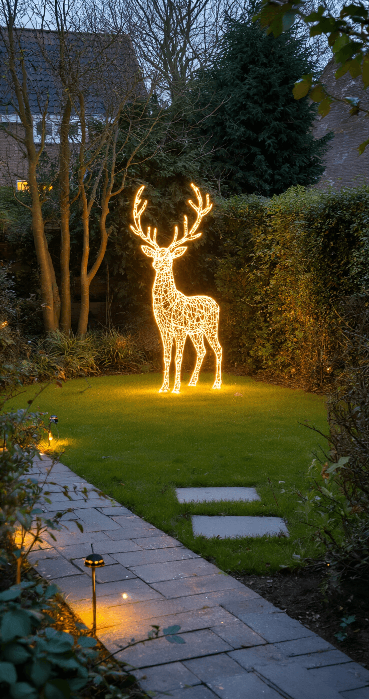 Kerst Buiten: Magische Winterpret voor het Hele Gezin Een sfeervolle voortuin bij schemering, met kronkelige LED-guirlandes door wintergroene struiken en een verlichte rendier-sculptuur die centraal op het gazon staat, omringd door warmwitte solar-lampjes en een diepgroen kleurenpalet.