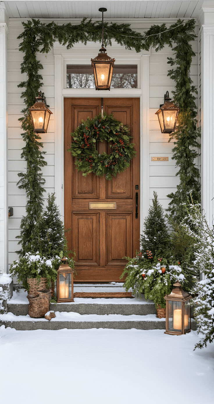 Kerst Buiten: Magische Winterpret voor het Hele Gezin Intieme veranda-setting met een robuuste houten voordeur, versierd met een winterkrans, geflankeerd door koperen lantaarns met flikkerende LED-kaarsen. Sneeuwvlokprojecties dansen op de muren, met een kleurenpalet van donkergroen, bordeauxrood, koper en roomwit.