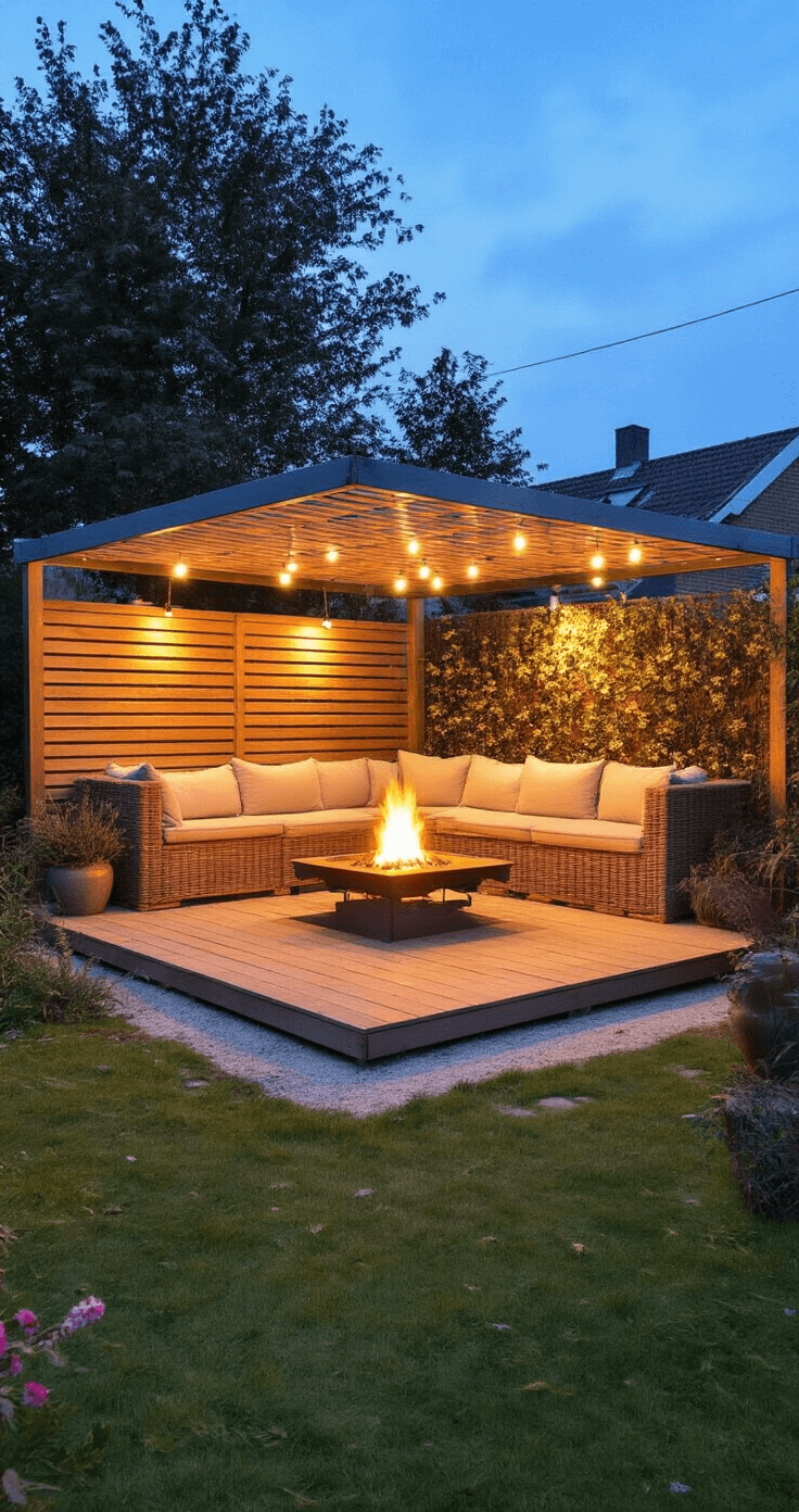 Kerst Buiten: Magische Winterpret voor het Hele Gezin Een gezellige achtertuin in de avondschemering met een overdekte zithoek en een vuurkorf, vastgelegd met een groothoeklens. Hangende lichtgordijnen creëren een sterrenhemel-effect, terwijl het houtbruin, crèmewit en warmgeel kleurenpalet een sfeervolle ambiance biedt.