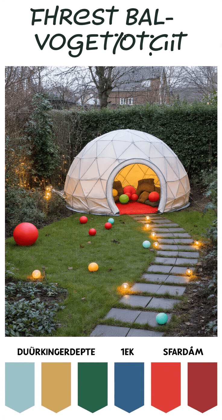 Kerst Buiten: Magische Winterpret voor het Hele Gezin Een kindvriendelijke speelhoek in de tuin vanuit vogelperspectief, met een kerstbal-speurtocht setup van gekleurde ballen verstopt tussen winterharde planten. Centreren van een verlichte iglo-tent van 2 meter doorsnede als speelbasis, omringd door zachte tuinverlichting langs de paden voor veiligheid. Gemaakt van duurzaam kunststof, natuurlijk groen en waterproof textiel, met een kleurenpalet van felrood, dennegroen en ijsblauw, met scherpte die zich richt op de speelelementen.