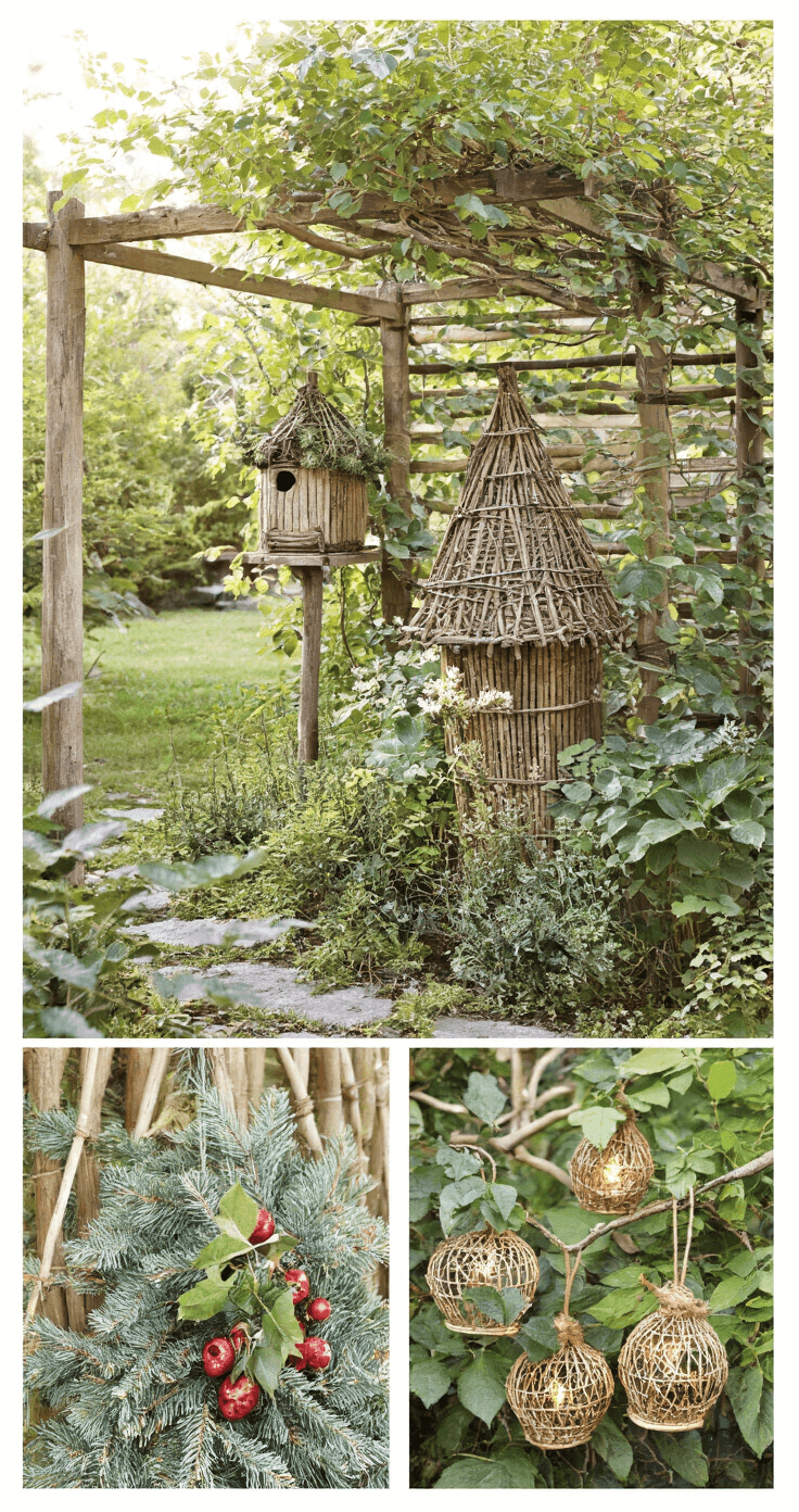Kerst Buiten: Magische Winterpret voor het Hele Gezin Een rustieke tuinhoek bij daglicht met zelfgemaakte vogelvoederhuisjes, natuurlijke kerststukken op boomstronken, een houten pergola met klimop en vorstbestendige lichtjes, alles in aardetinten, mosgroen en bessenrood.