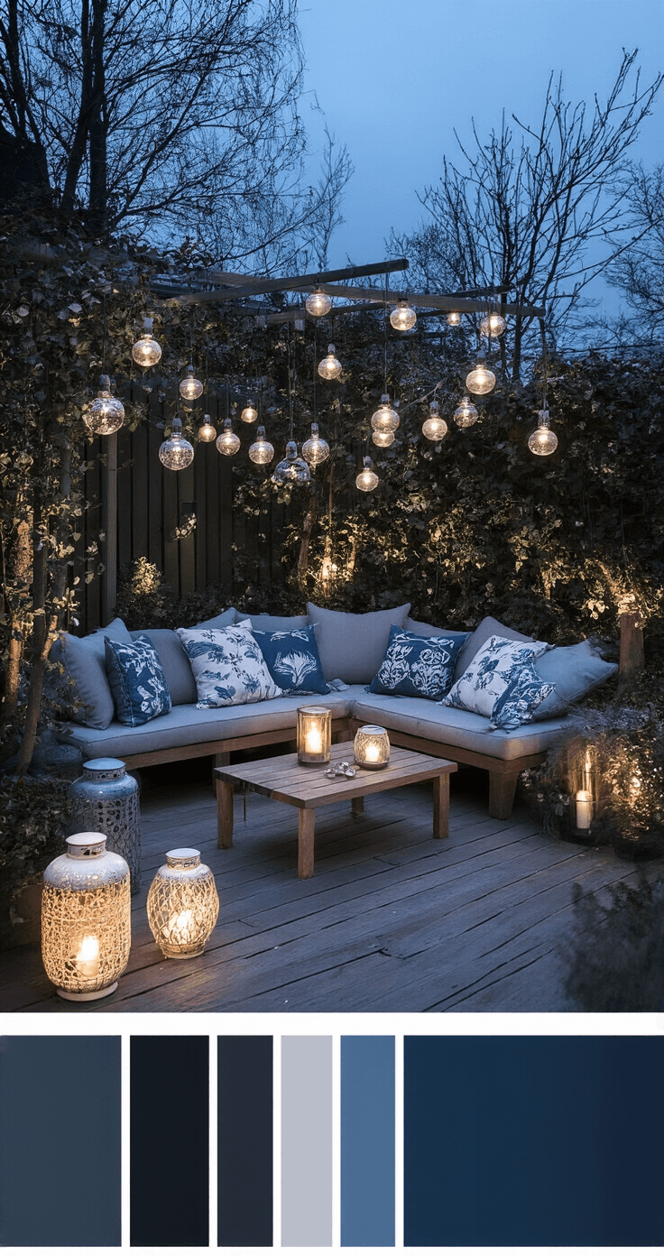 Kerst Buiten: Magische Winterpret voor het Hele Gezin Sfeervolle tuinterras-inrichting tijdens het blauwe uur met verlichte glazen windlichten, teakhouten meubels met winterse kussens, en hangende mistletoe-bundels met LED-verlichting.