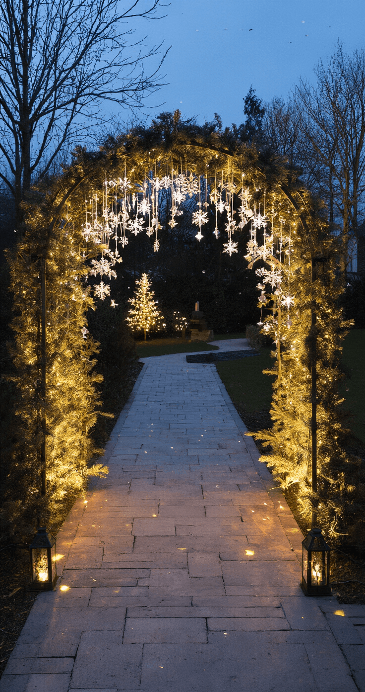 Kerst Buiten: Magische Winterpret voor het Hele Gezin Een feestelijke tuiningang bij avond in kikvorsperspectief, met een boogvormige entree omwikkeld met dennentakken en micro-LED slingers. Lantaarnpalen met kerstdecoratie en projectorlichten creëren sneeuwvlokken boven een verlicht pad met solar-grondspots. Materialen: smeedijzer, dennengroen, kristalachtige ornamenten in een kleurenpalet van antraciet, ijswit en goudaccenten.