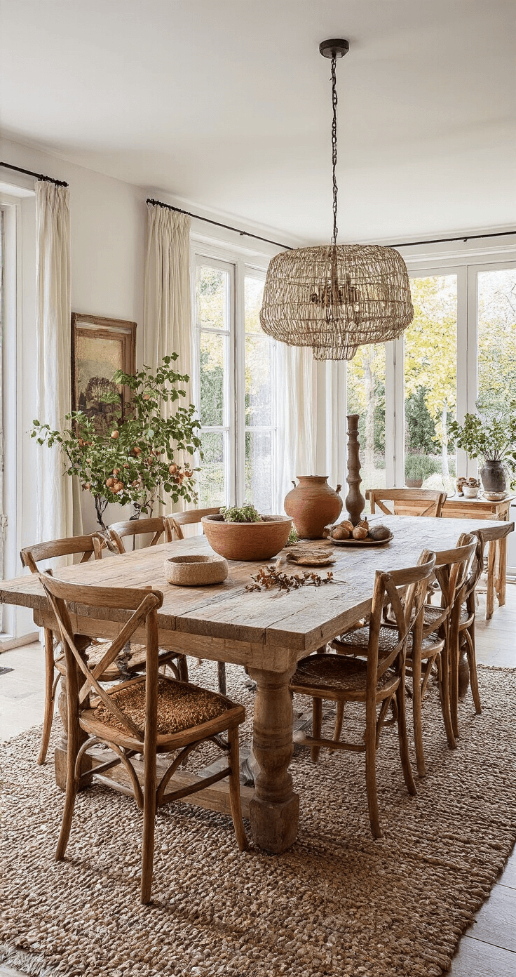 De Ultieme Gids voor het Creëren van een Betoverende Herfsttafel Ruime woonkamer met grote raampartij, warme herfsttinten, robuuste eikenhouten eettafel met herfstdecoraties, handgemaakte terracotta vazen, vintage koperen kandelaars en natuurlijk strijklicht.