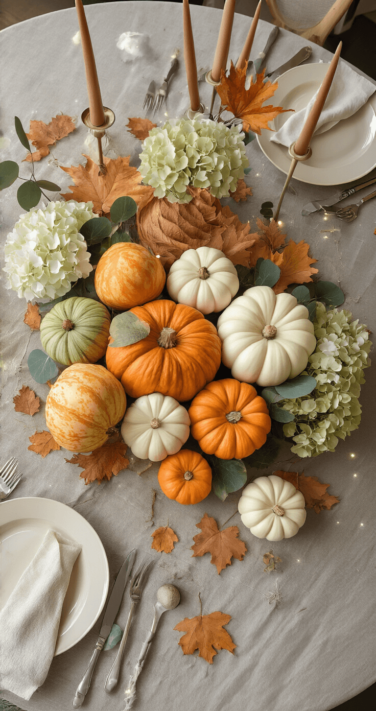De Ultieme Gids voor het Creëren van een Betoverende Herfsttafel Intieme eetkamer tijdens het gouden uur met ronde tafel bekleed met zachtgrijs linnen tafelkleed, versierd met een herfstcollage van decoratieve pompoenen in wit en sage, omringd door eucalyptusstakes en gedroogde hydrangea's. Houten paddenstoelen en kleine LED-lichtjes zorgen voor een sfeervolle ambiance.