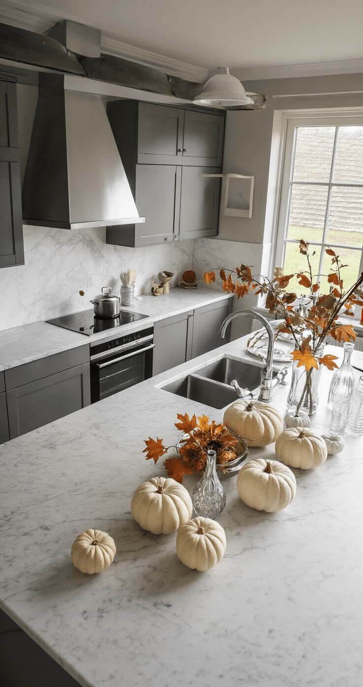 De Ultieme Gids voor het Creëren van een Betoverende Herfsttafel Moderne open keuken met kookeiland in ochtendlicht, en een verfijnde herfstdecoratie van witte en grijze pompoenen, gebleekte eikentakken, en kristallen vazen met herfstbladeren, vanuit vogelperspectief.