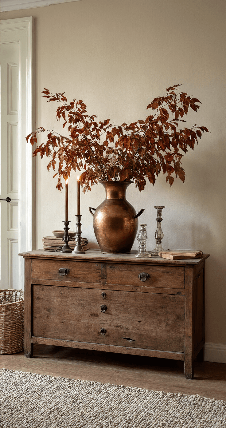 De Ultieme Gids voor het Creëren van een Betoverende Herfsttafel Klassieke woonkamer met antieke mahonie sidetable tegen een crèmekleurige wand, weelderige herfstcompositie met koperen vaas vol herfstbladeren en vintage glazen stolpen, sfeervolle kaarsverlichting en reflecties in spiegels tijdens schemering.