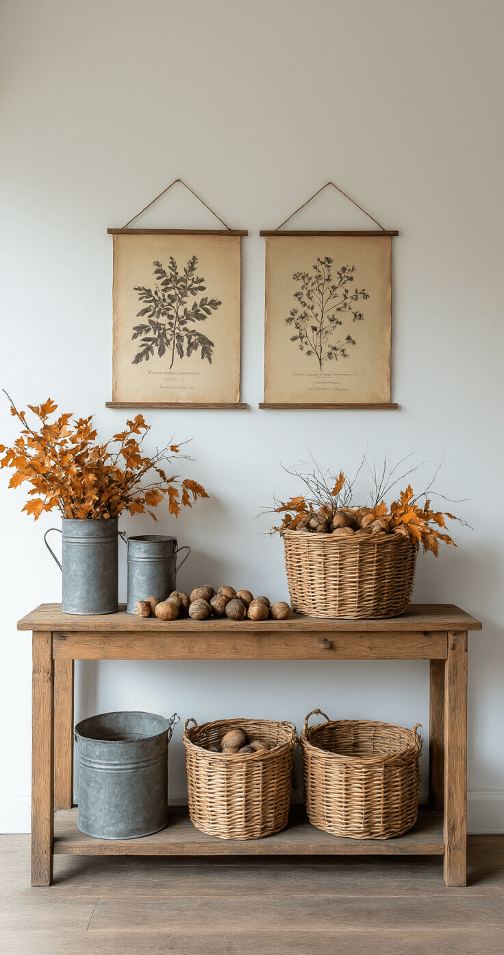De Ultieme Gids voor het Creëren van een Betoverende Herfsttafel Landelijke entreehal gevuld met middaglicht, met een robuuste houten console, rustieke herfstdecoratie, rieten manden vol kastanjes en eikels, oude zinken emmers met takken en vintage botanische prenten aan de muur. Natuurlijke materialen en texturen zijn zichtbaar.