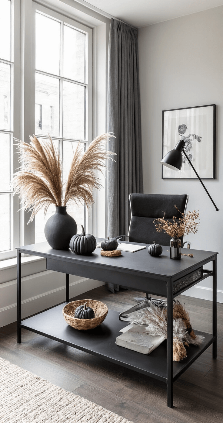De Ultieme Gids voor het Creëren van een Betoverende Herfsttafel Moderne studeerkamer met industriële elementen, avondlicht, zwart metalen bureau met urban herfstdecoratie, geometrische vazen, pompoenen en metalen schalen, dramatische spotverlichting.