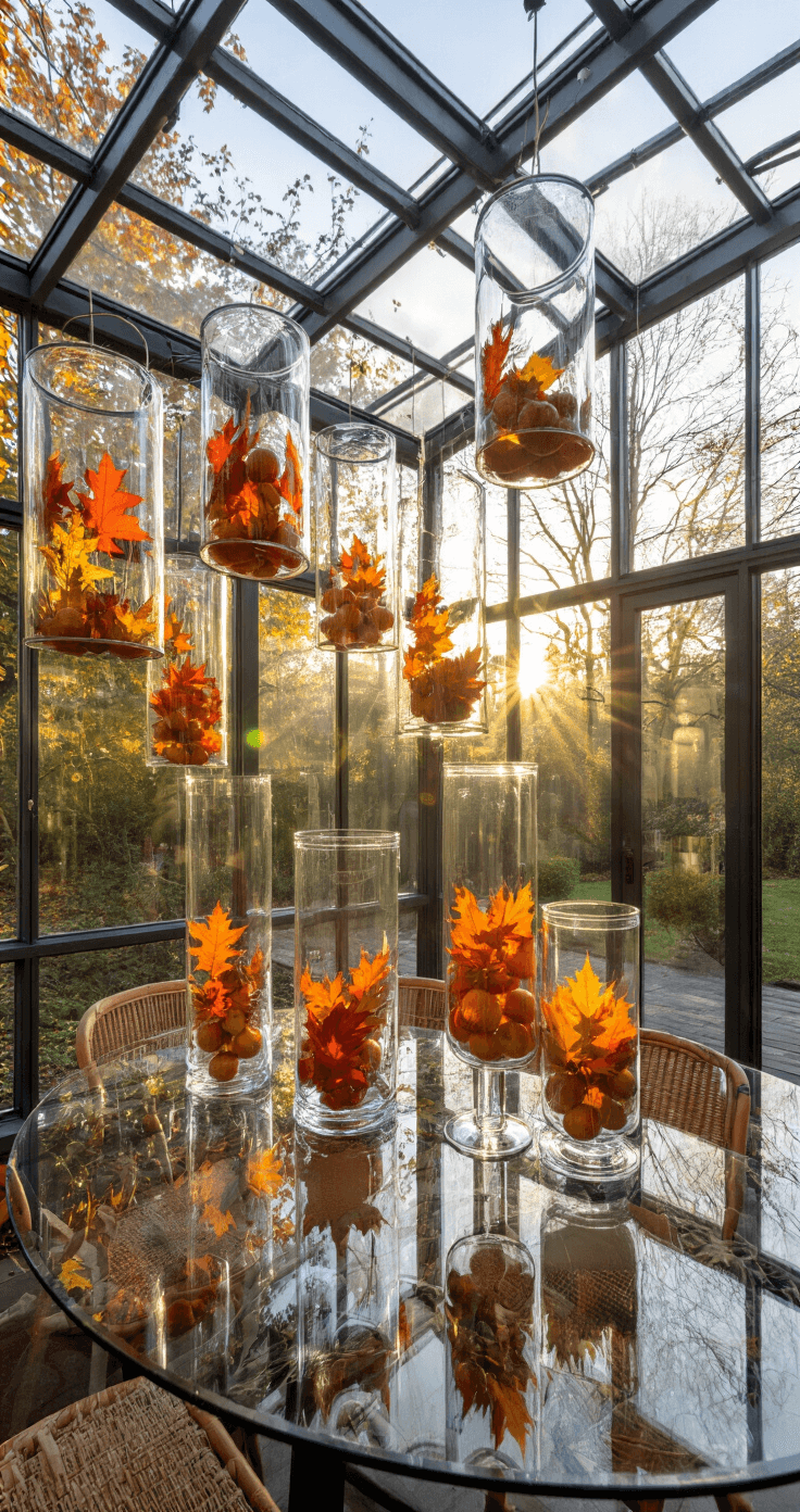 De Ultieme Gids voor het Creëren van een Betoverende Herfsttafel Lichte serre met een glazen tafel en herfstdecoraties, waaronder cilinders met bladeren en vergulde dennenappels, gefotografeerd in de ochtendzon met natuurlijk tegenlicht.