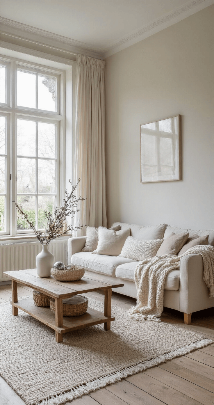Een Betoverende Scandinavische Kerst: Creëer Magische Wintersferen in Je Interieur Ruime woonkamer met hoge ramen, crèmekleurige linnen bank, wollen dekens in roomwit en beige, massief houten salontafel met glazen lantaarn, vaas met dennentakken en zilveren kerstballen, zacht beige vloerkleed, gefotografeerd tijdens het gouden uur.