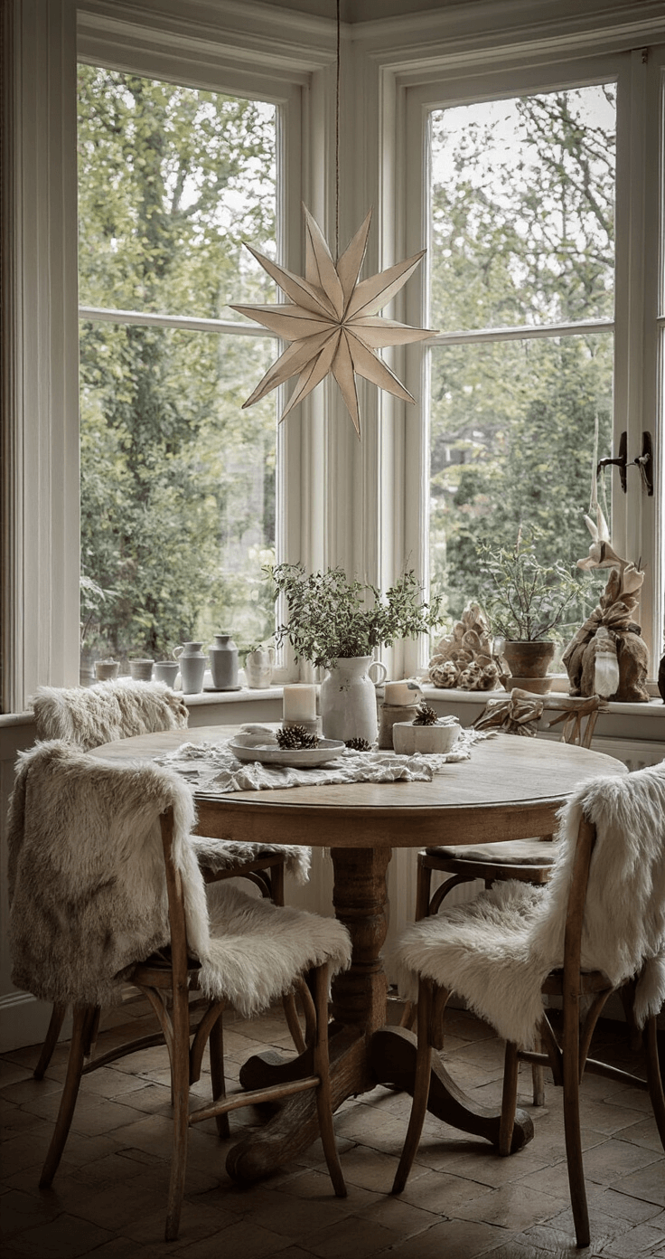 Een Betoverende Scandinavische Kerst: Creëer Magische Wintersferen in Je Interieur Intieme eethoek bij schemering met rustieke eiken eettafel, vier stoelen met schapenvacht, linnen tafelloper in ecru, dennenappels, witte keramiek en grijze kaarsenhouders, een grote papieren ster boven de tafel en een houten julbock op de vensterbank.