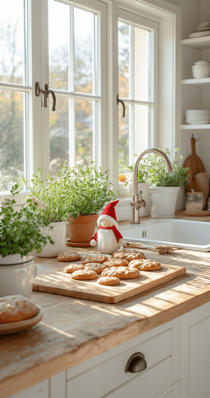 Een Betoverende Scandinavische Kerst: Creëer Magische Wintersferen in Je Interieur Close-up van een knusse keukenhoek met witte hoogglans keukenfronten en een houten werkblad, waarop verse Lussekatter liggen. Kleine tomte-figuurtjes staan tussen potten met kruiden. Koperen accessoires glanzen in het ochtendlicht, naast een glazen pot met pepparkakor en een wit geëmailleerde kan.