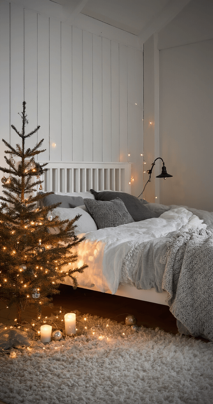 Een Betoverende Scandinavische Kerst: Creëer Magische Wintersferen in Je Interieur Slaapkamer bij kaarslicht met een wit houten bedframe en gelaagde dekbedovertrekken in grijs en wit, versierd met LED-lichtjes tussen dennentakken. Zilveren en glazen kerstornamenten weerkaatsen warm licht. Gezien vanuit een laag standpunt bij het voeteinde van het bed.
