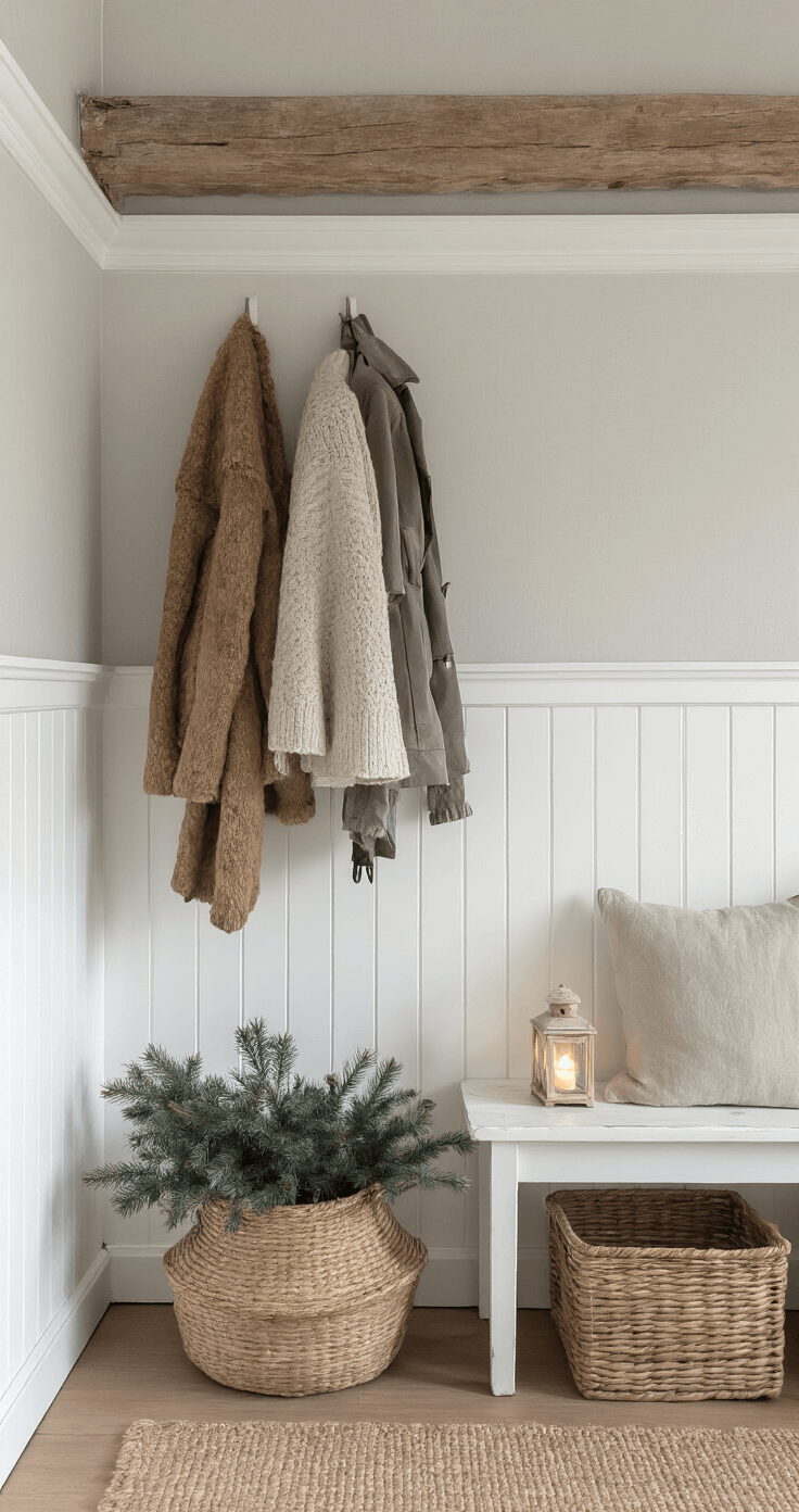 Een Betoverende Scandinavische Kerst: Creëer Magische Wintersferen in Je Interieur Entreehal met witgeverfde lambrisering en lichtgrijs behang, antieke houten kapstok met wollen jassen, rieten mand met dennentakken en eucalyptus, en kleine lantaarns met LED-kaarsen op een wit geschilderd bankje, gefotografeerd in daglicht.