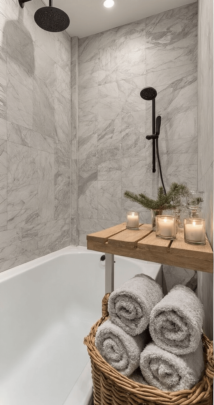 Een Betoverende Scandinavische Kerst: Creëer Magische Wintersferen in Je Interieur Badkamer van 3x3m in avondsfeer met marmeren tegels en matzwarte kranen. Een houten badplank met grijze kaarsen in verschillende hoogtes, opgerolde roomwitte linnen handdoeken in een rieten mand en kleine glazen flesjes met dennentakjes. Indirecte warme verlichting vanuit de deuropening.