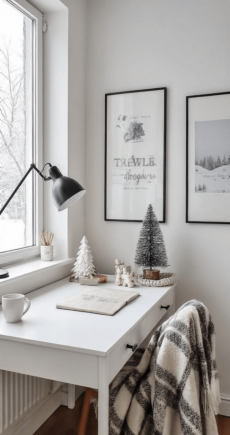 Een Betoverende Scandinavische Kerst: Creëer Magische Wintersferen in Je Interieur Een sfeervolle werkkamer op een sneeuwige middag met een wit bureau voor het raam, uitzicht op vallende sneeuw en Scandinavische kerstposters in zwarte lijsten aan de muur. Op het bureau staat een kleine houten kerstboom met witte decoraties en een gebreide plaid ligt over de bureaustoel.