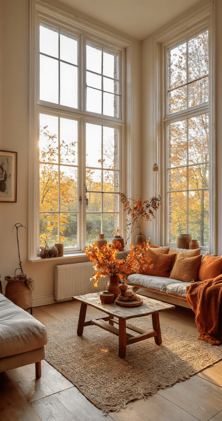 Herfst Knutselen: Creëer Magische Momenten met Natuurlijke Materialen Gezellige woonkamer van 6x8 meter in warme herfstsfeer, gefotografeerd in de namiddagzon met grote ramen en uitzicht op vallende bladeren. Centraal een rustieke houten salontafel met herfstarrangementen van gedroogde bladeren en kastanje-diertjes. Cognackleurige leren bank met terracotta en mosterdgele kussens, gefotografeerd met natuurlijk strijklicht.