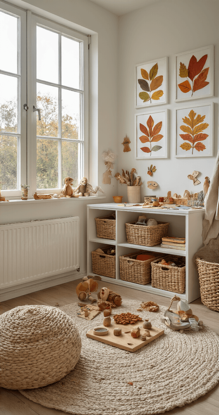 Herfst Knutselen: Creëer Magische Momenten met Natuurlijke Materialen Een kinderhoek van 4x5 meter in het ochtendlicht, met een wit bureau waar kinderen knutselen met herfstmaterialen. Aan de muur hangen zelfgemaakte kastanje-diertjes op houten planken en kleurrijke bladeren-collages in witte lijsten. De speelse sfeer wordt versterkt door natuurlijke materialen en een warmbeige tapijt. De foto is genomen op ooghoogte van een kind, met de focus op de knutselwerkjes, alles verlicht door zacht natuurlijk daglicht.