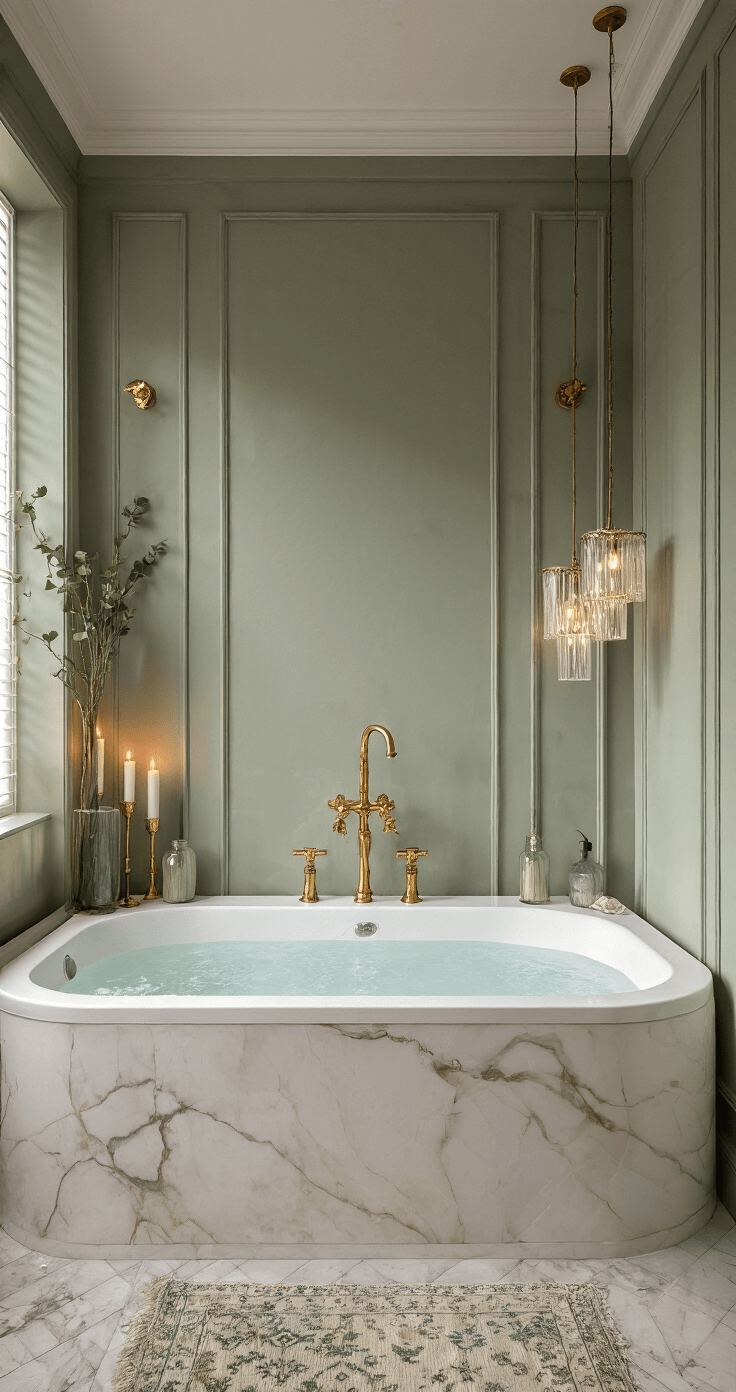 Originele Kerst Ideeën 2025: Transformeer Je Huis in een Winterwonderland Luxe badkamer in avondstemming met een vrijstaand wit bad, gouden kranen, grote witte kaarsen in glazen houders, marmeren vloer en vintage Perzisch kleed, eucalyptustakken in hoge vazen, en een kristallen hanglamp. Spiegelmuur met indirect LED-licht, kleurenpalet van wit, goud en zachtgroen geeft een sfeervol spa-gevoel.