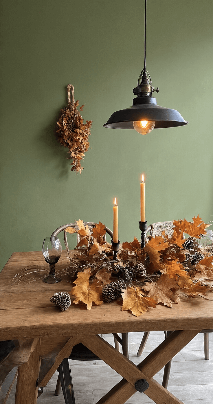 Herfst Knutselen: Creëer Magische Momenten met Natuurlijke Materialen Eetkamer met robuuste eiken eettafel, versierd met dennenappels, herfstbladeren en natuurkleurige kaarsen, onder een industriële hanglamp; olijfgroene muur in dramatisch avondlicht.