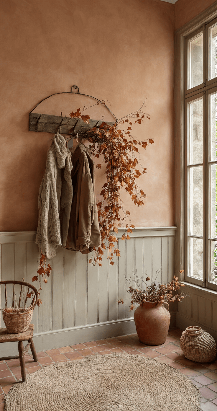 Herfst Knutselen: Creëer Magische Momenten met Natuurlijke Materialen Hal met zandkleurige muren en lambrisering, verlicht door natuurlijk middaglicht. Een grote vintage spiegel met een handgemaakte herfstslinger van gedroogde bladeren en dennenappels. Vintage kapstok met herfstjassen en een mand met natuurschatten op de terracotta vloertegels. Schuin camerastandpunt voor dieptewerking.