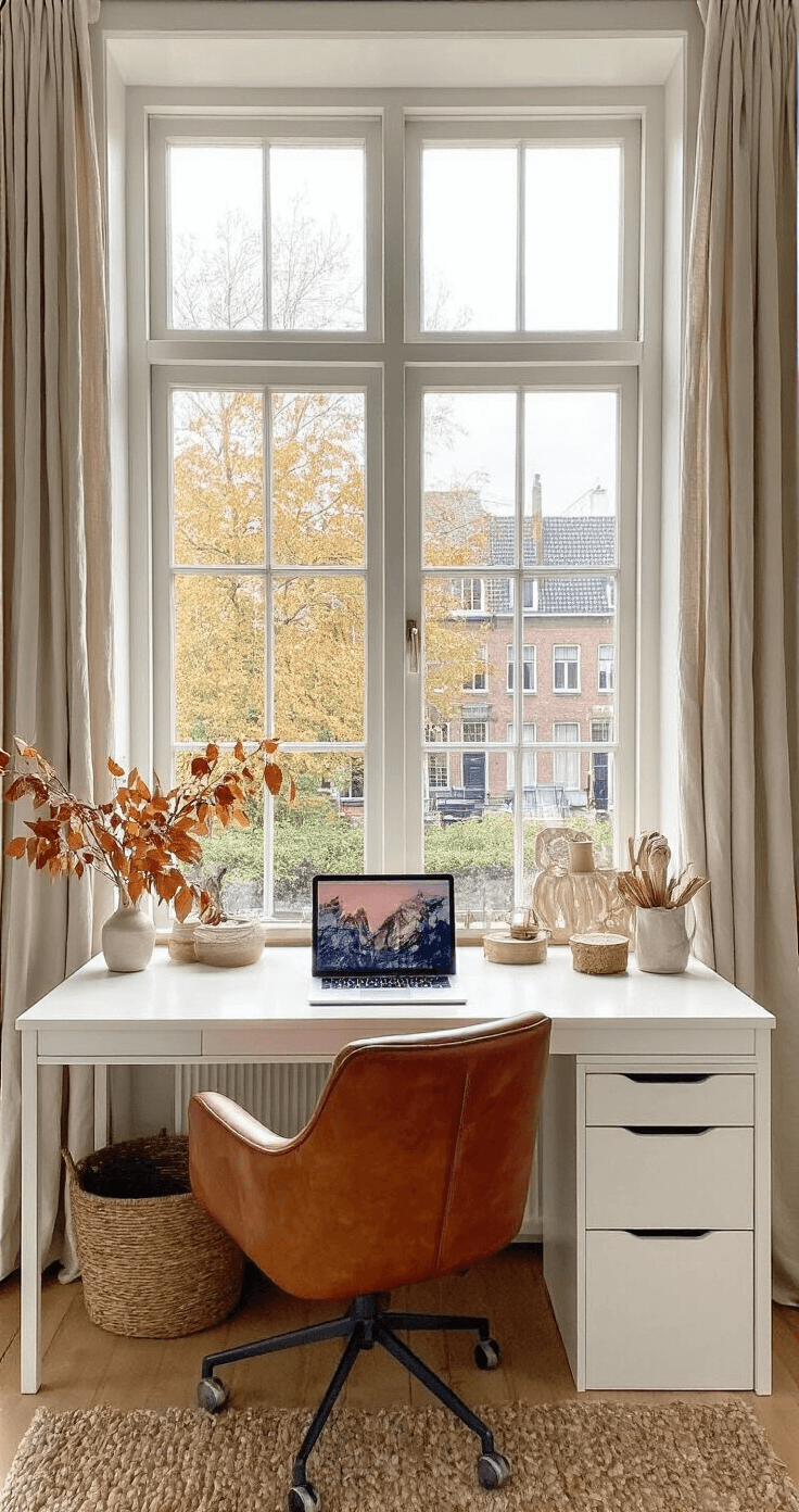 Herfst Knutselen: Creëer Magische Momenten met Natuurlijke Materialen Thuiswerkplek van 3x3 meter met een wit bureau, cognac leren bureaustoel, zelfgemaakte herfst raamkunst van gedroogde bladeren, drijvende planken met natuurlijke decoraties en knutselwerkjes, en linnen gordijnen, verlicht door diffuus daglicht.