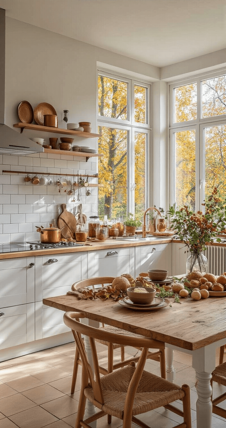 Herfst Knutselen: Creëer Magische Momenten met Natuurlijke Materialen Moderne keuken met open planken vol herfstschatten, zelfgemaakte tafelstukjes met kastanjes op een kookeiland, houten snijplanken tegen witte tegels en koperen accessoires, verlicht door ochtendzon.