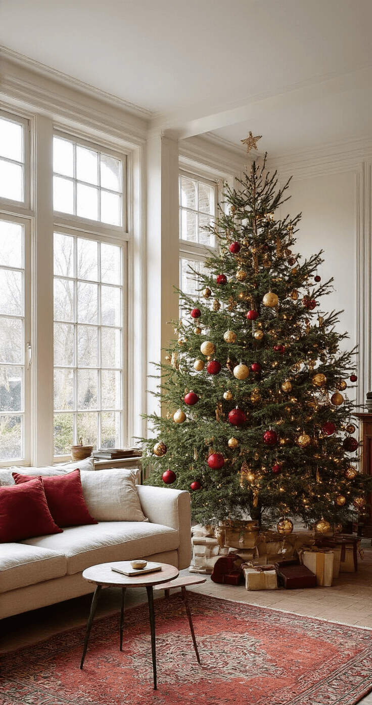Gezellige woonkamer met hoge plafonds en grote ramen, een 2.5m hoge kerstboom versierd met klassiek rode en gouden kerstballen, warm LED-licht weerkaatst in vintage kristallen ornamenten. Crèmekleurige linnen bank met bordeauxrode kussens en een antieke houten bijzettafel, op een perzisch tapijt in warme aardetinten. Camera perspectief laag en naar boven gericht met een zachte focus.