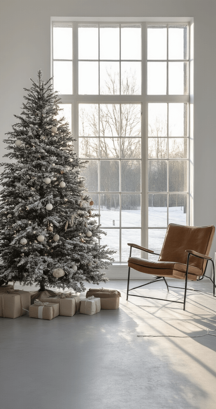 Moderne Scandinavische woonruimte bij zonsopgang met een minimalistische witte kerstboom, grote industriële ramen, een cognackleurige leren fauteuil en een zwart metalen bijzettafel, belicht door ochtendlicht dat lange schaduwen werpt.