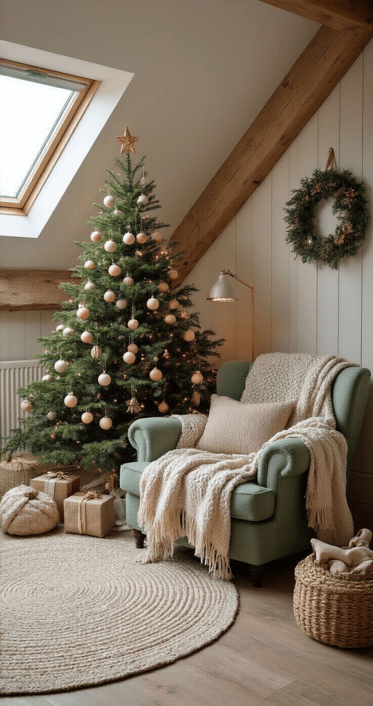 Knusse zolderkamer met een kerstboom versierd in pasteltinten en handgemaakte ornamenten, een fluweelzachte fauteuil in saliegroen, en warm licht van een koperen vloerlamp, alles in een intieme sfeer op een schemerige winteravond.