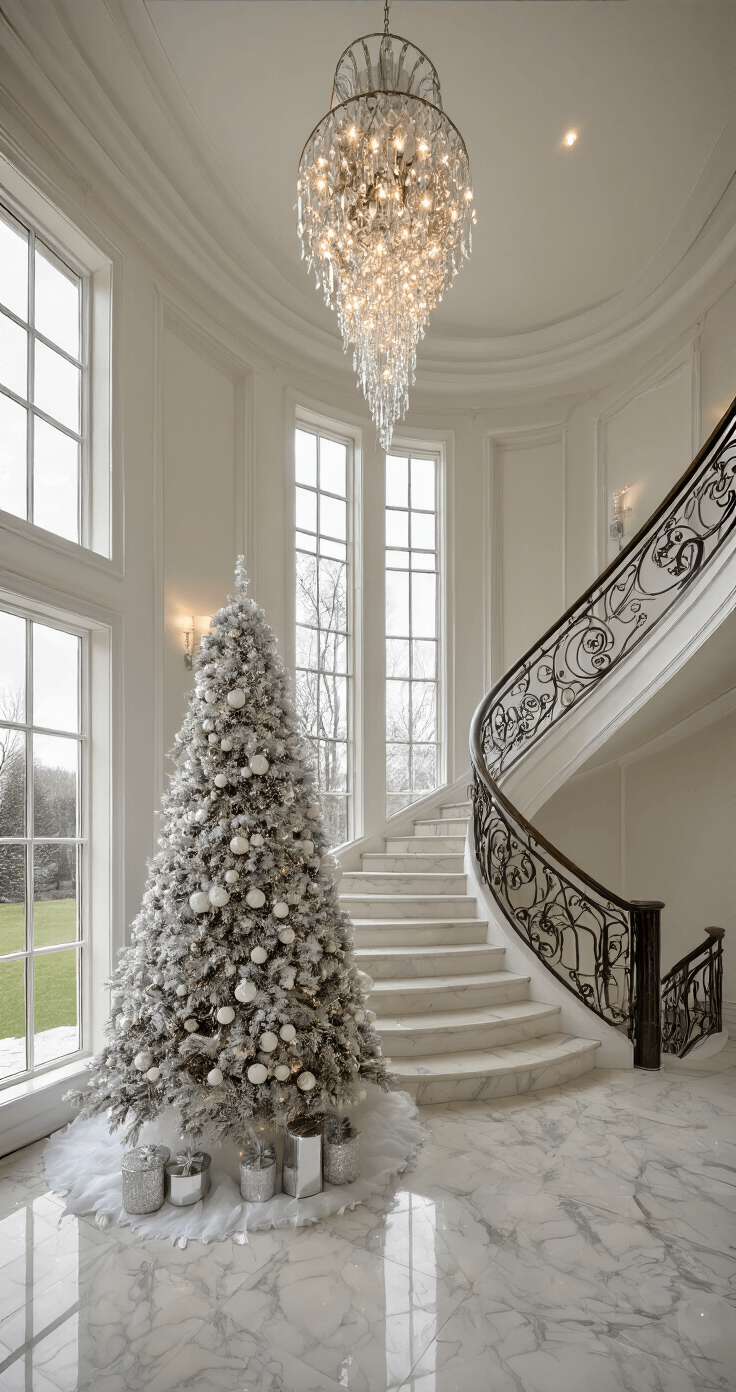Ruime villa-entree met marmeren vloer, verlicht door middaglicht. Een majestueuze 3 meter hoge kerstboom in winterwit en zilver, omringd door kristallen kroonluchters en grote spiegels met gouden lijsten. Witte orchideeën in zilveren vazen en een elegante trapopgang met smeedijzeren leuning zijn zichtbaar, gefotografeerd vanuit een dramatisch perspectief vanaf de bovenste traptrede. Strijklicht accentueert de texturen in de ruimte.