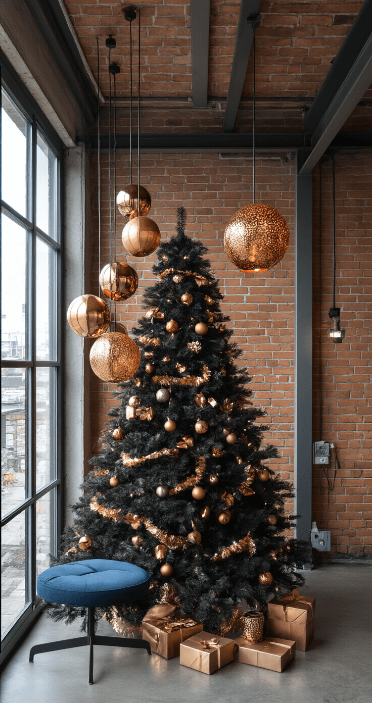 Moderne loft bij schemering met zwarte kerstboom in metallic decoraties, industriële elementen, bakstenen muur, stalen balken, petroleumblauwe designbank, koperen hanglampen en stedelijk uitzicht door grote ramen.