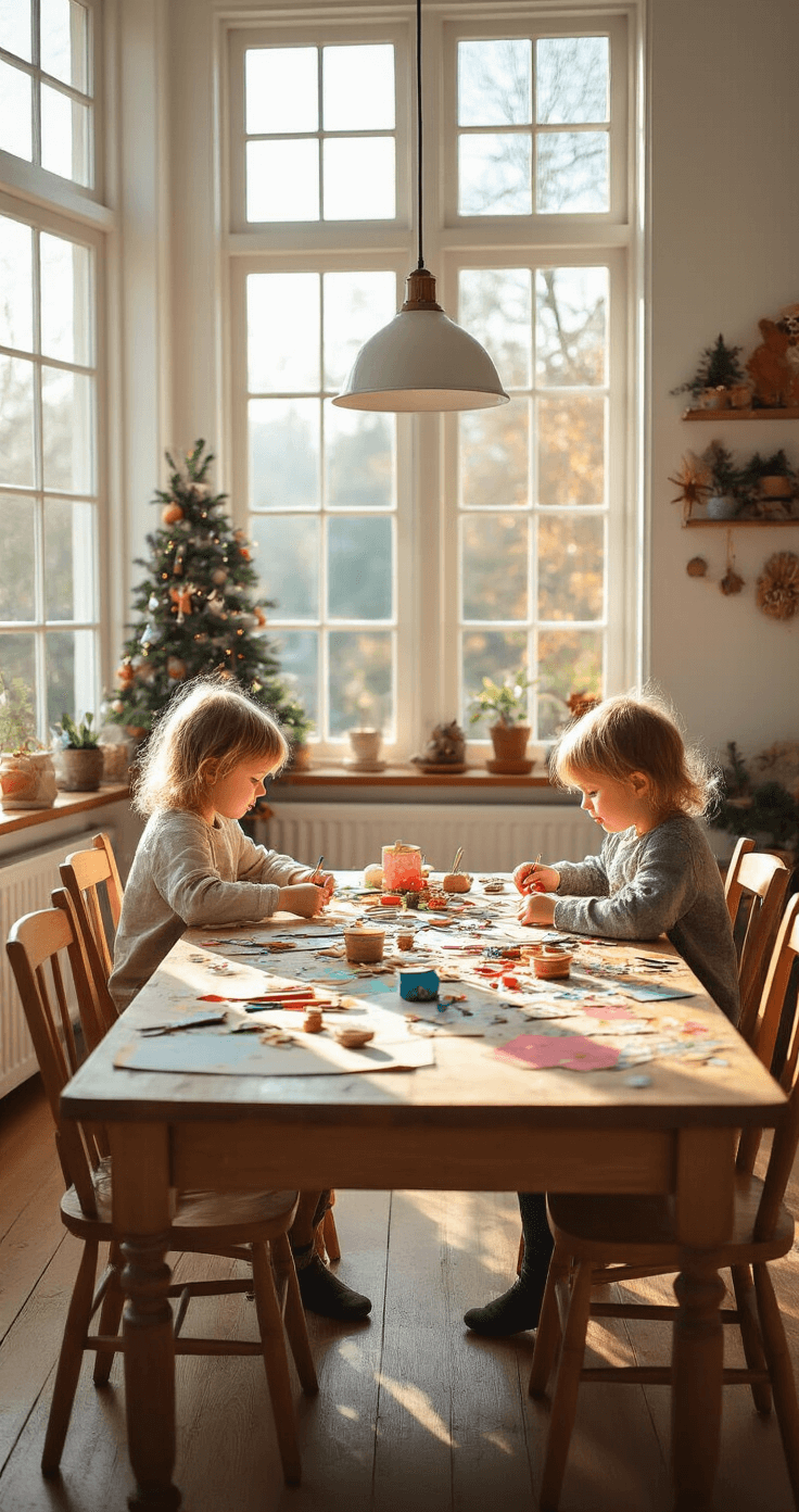 Kerst Knutselen: Magische Creatieve Momenten met Kinderen Gezellige woonkamer met grote ramen en ochtendlicht, een rustieke houten tafel vol knutselmateriaal, twee kinderen maken kerstknutsels, warmwitte muren versierd met papieren kerststerren, gefocust op de tafel met zachte bokeh op de achtergrond.