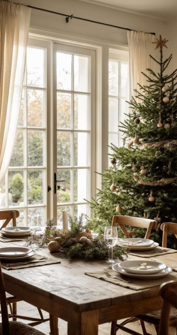 Landelijke eetkamer met een traditionele kerstboom en handgemaakte decoraties, een robuuste houten eettafel met vintage servies, en warm zonlicht dat door kanten gordijnen valt.